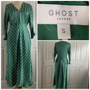 Ghost London Green Striped Satin Midi V Neck Dress Size S Small